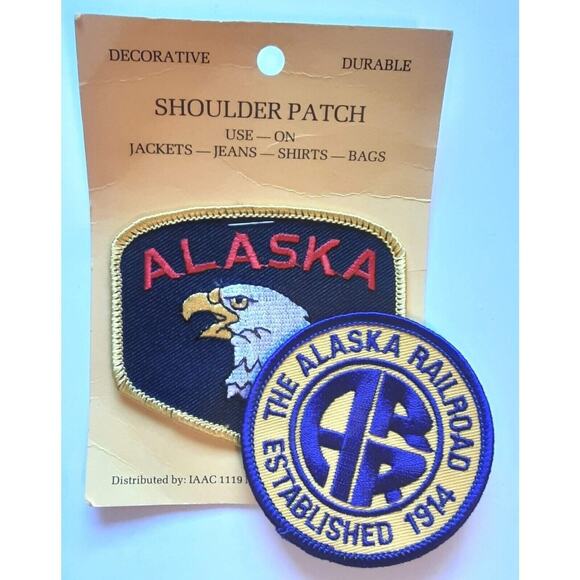 TWO (2) Alaska Vintage WOVEN PATCHES THE ALASKA RAILROAD & ALASKA EAGLE - Picture 1 of 4